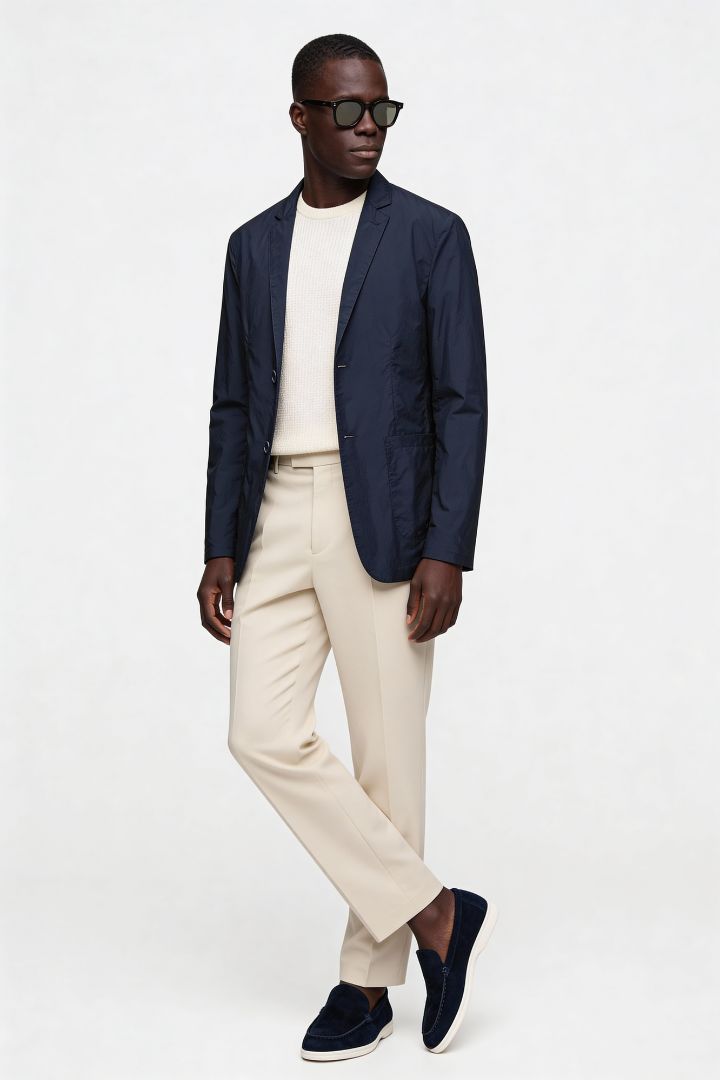 Man wearing lightweight navy blazer jacket front view showing full Lavencio outfit