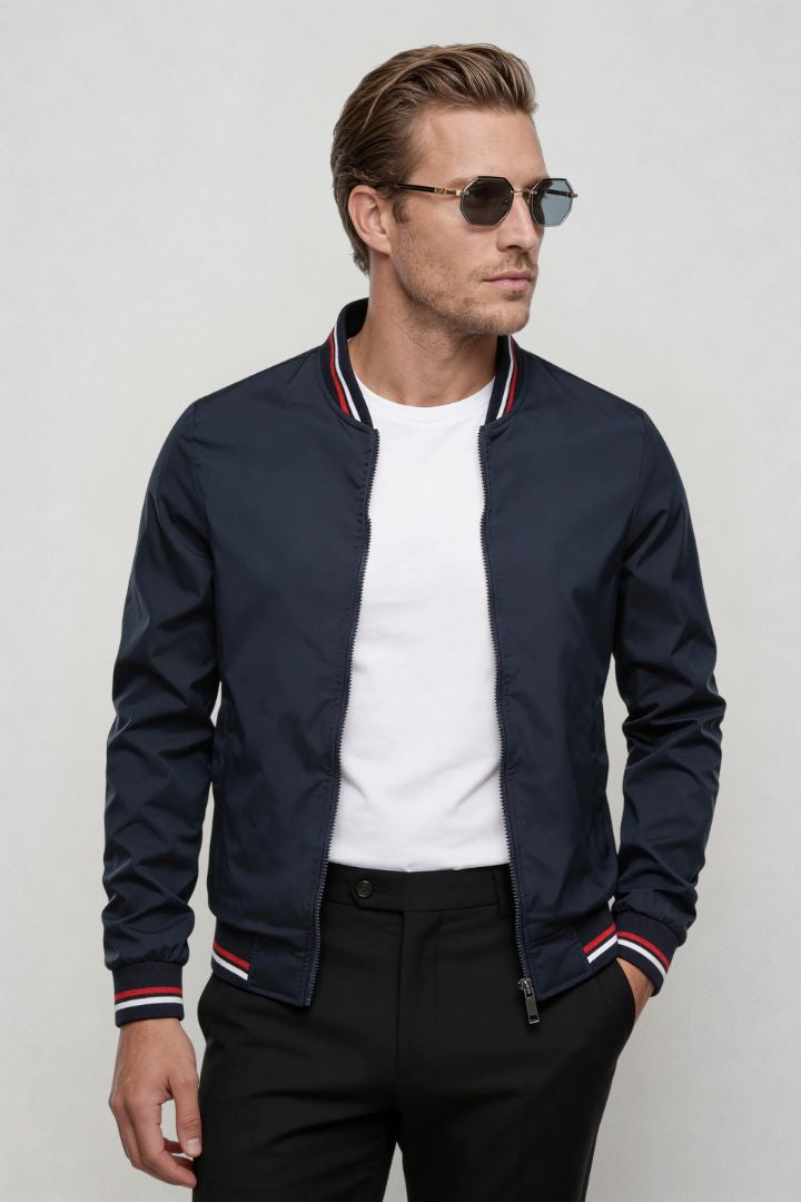 Kingsley Lightweight Zip Jacket – Navy Polyester Bomber – Contrast Rib Detail – Modern Fit – Front View