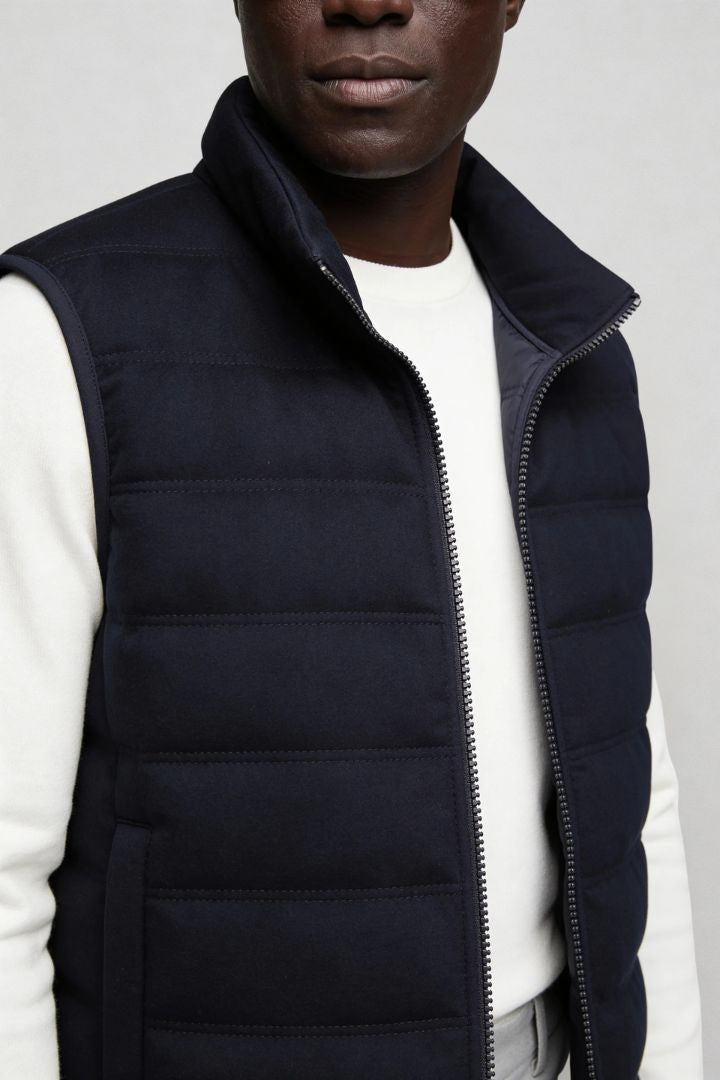 mens navy down puffer vest lightweight insulated gilet close-up