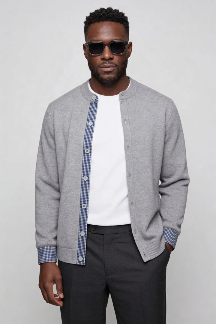 mens light gray knit button cardigan sweater casual layering front side