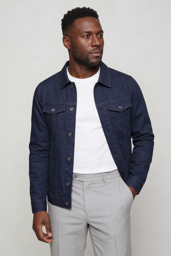 mens navy denim jacket slim fit cotton trucker style side pose