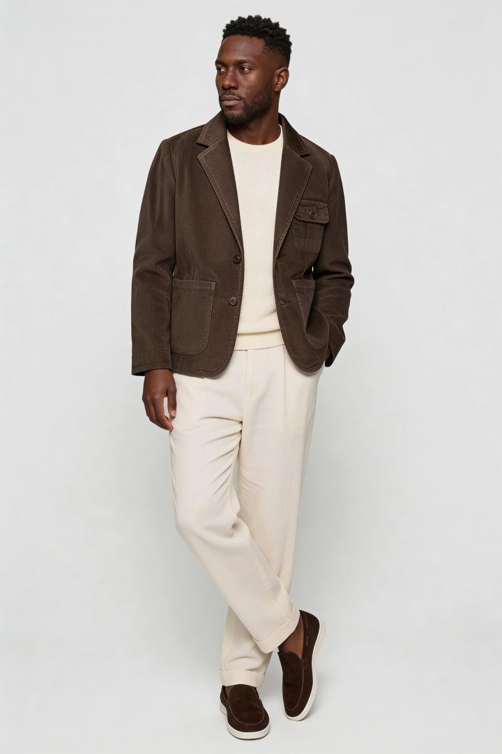 Men’s brown corduroy blazer jacket with retro tailored fit full outfit