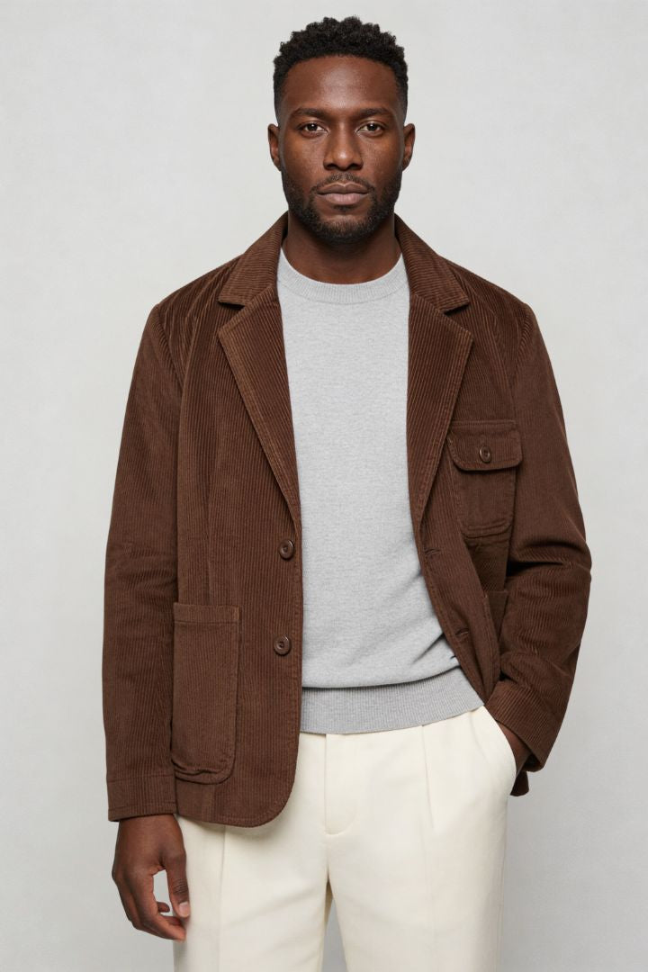 Men’s cognac brown corduroy blazer jacket with retro tailored fit