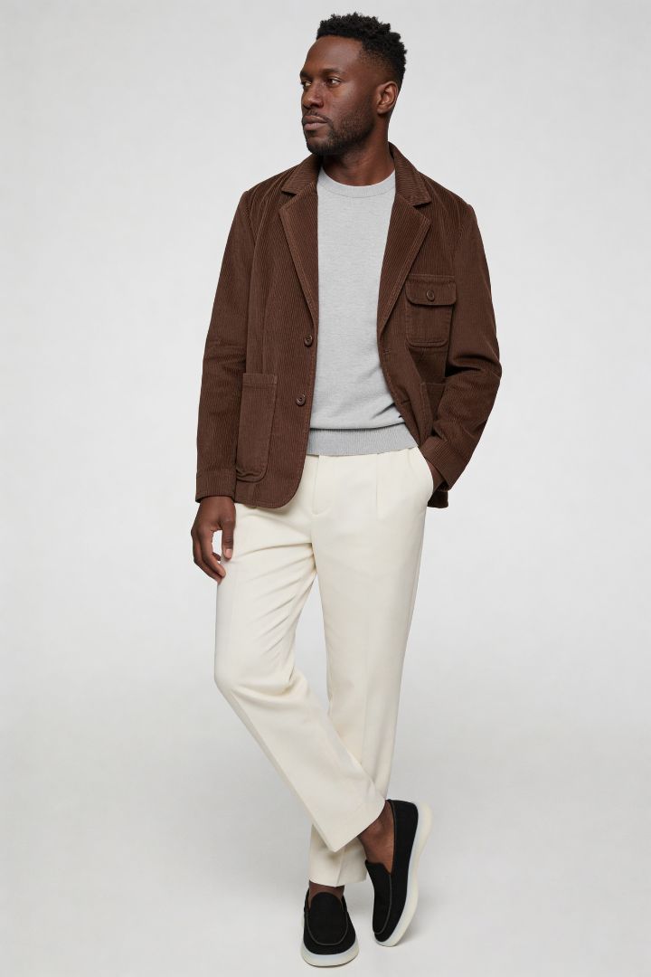 Men’s cognac brown corduroy blazer jacket with retro tailored fit full outfit