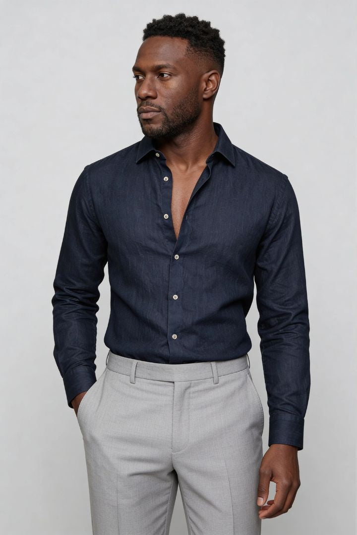 Lavencio Men’s 100% linen button up shirt in royal blue with tailored fit pose