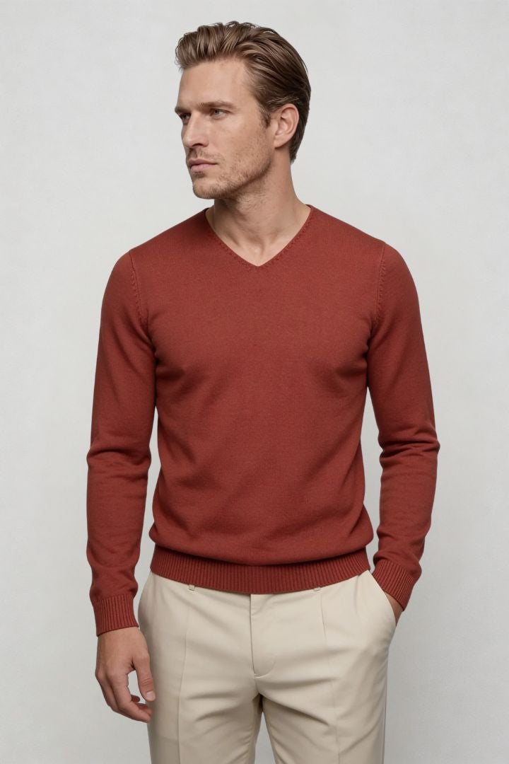 Men’s red lightweight V-neck knit sweater with ribbed cuffs and clean slim silhouette front view