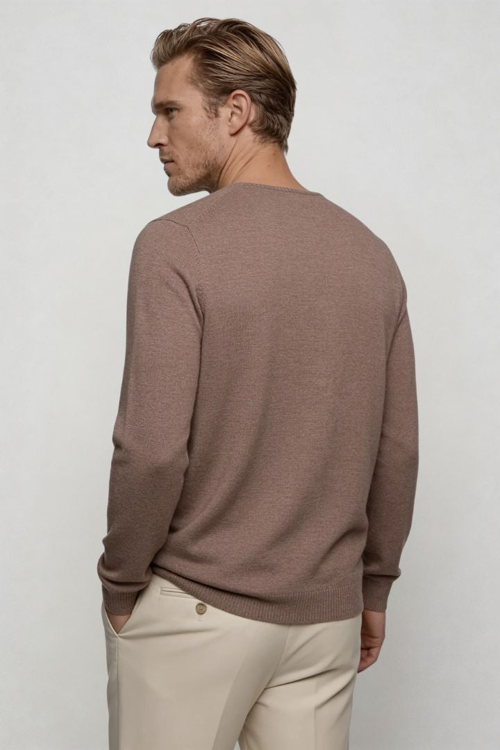 Men’s taupe lightweight V-neck knit sweater with ribbed cuffs and clean slim silhouette back view