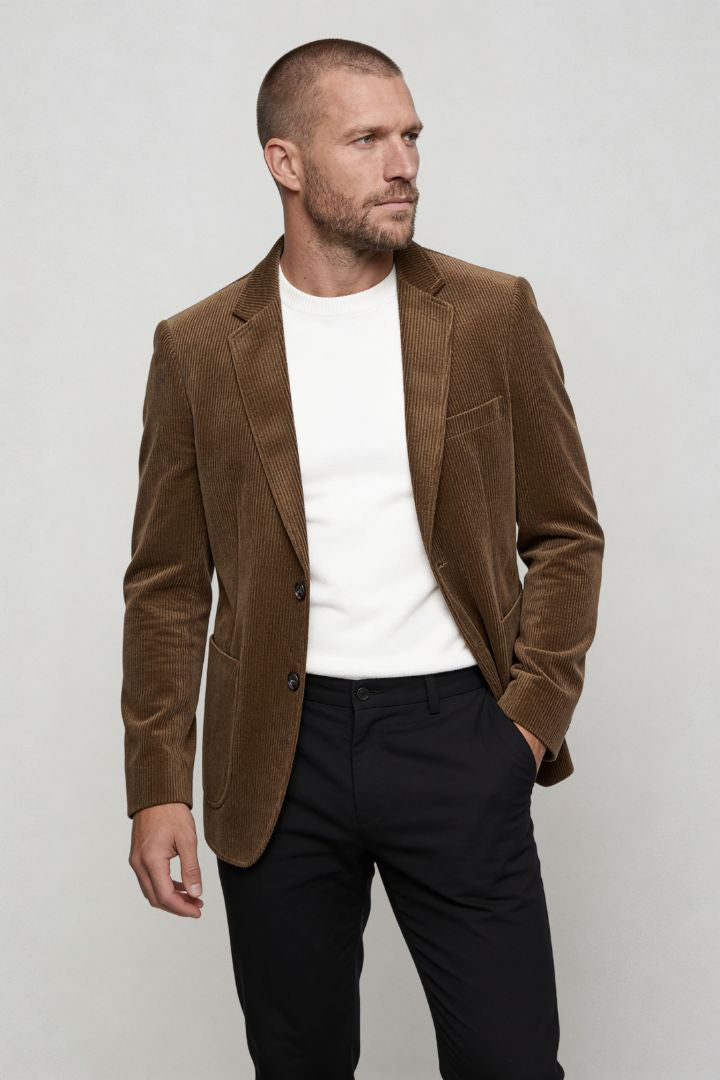 Lavencio Men’s slim fit brown corduroy blazer with notch lapel and two-button closure front