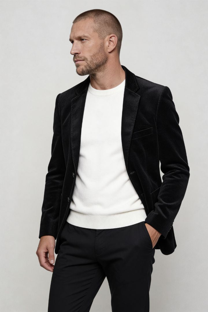 Lavencio Men’s slim fit black corduroy blazer with notch lapel and two-button closure side pose