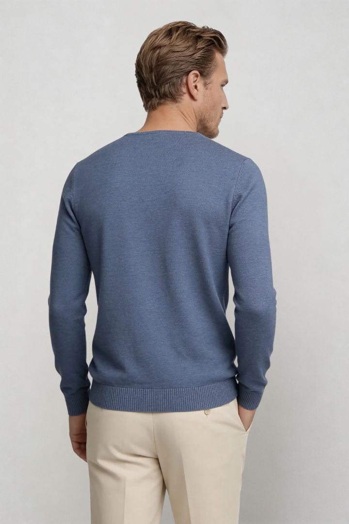 Men’s blue lightweight V-neck knit sweater with ribbed cuffs and clean slim silhouette back view