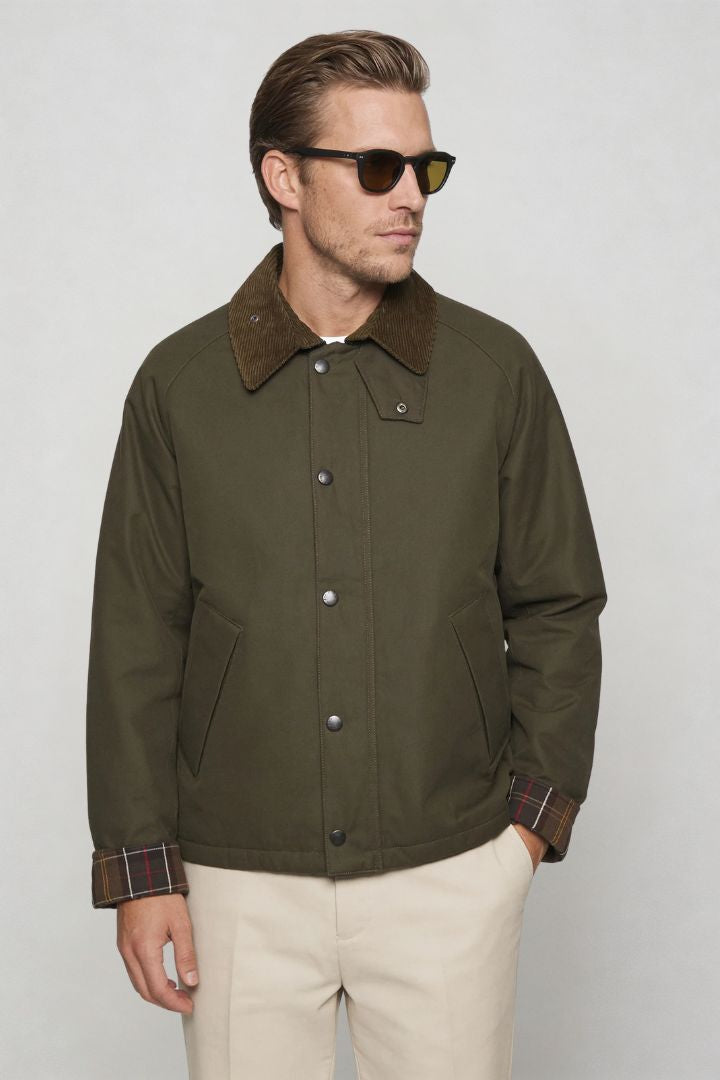 men olive green corduroy collar barn jacket front view