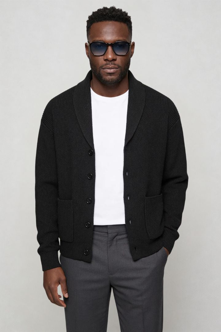 men shawl collar cotton cardigan in black front view
