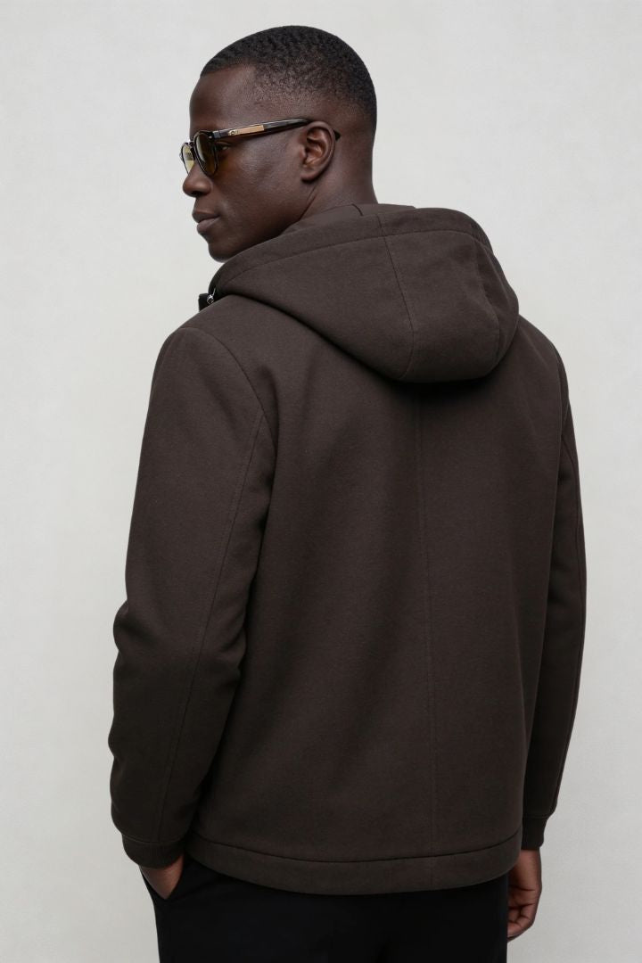 Men’s wool blend hooded zip jacket smart casual outerwear brown back
