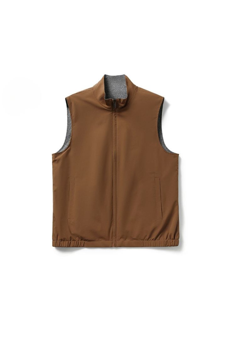 Brown vest with gray collar on a white background