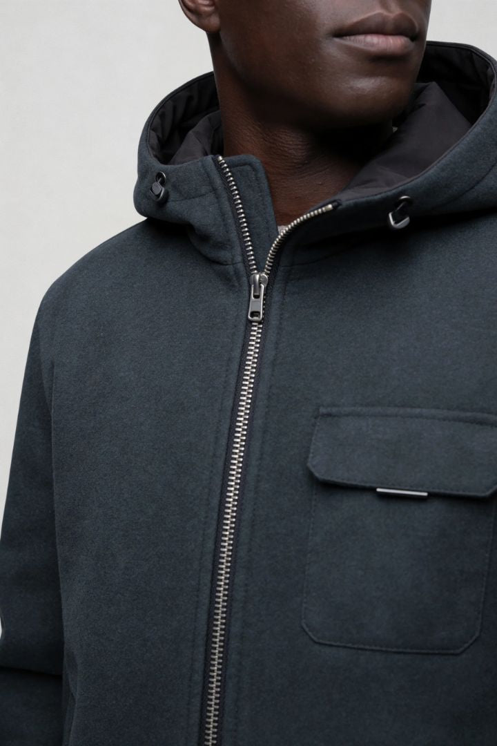 Men’s wool blend hooded zip jacket smart casual outerwear steel blue close up