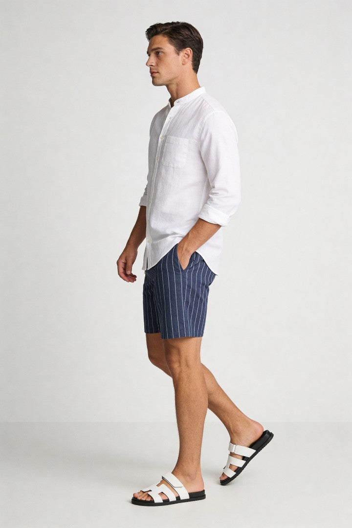Lavencio Men’s navy linen stripe shorts with drawstring waist and relaxed breathable summer fit model shoot