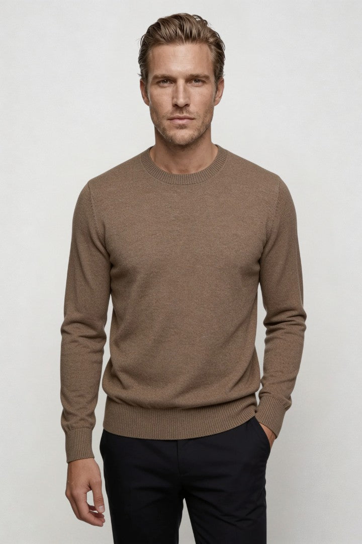 Men’s brown wool blend crew neck sweater with tailored fit lightweight knit pullover for fall front view