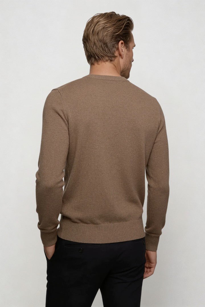 Men’s brown wool blend crew neck sweater with tailored fit lightweight knit pullover for fall back view