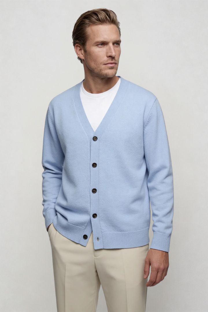 men's light blue wool v neck cardigan sweater front view pose