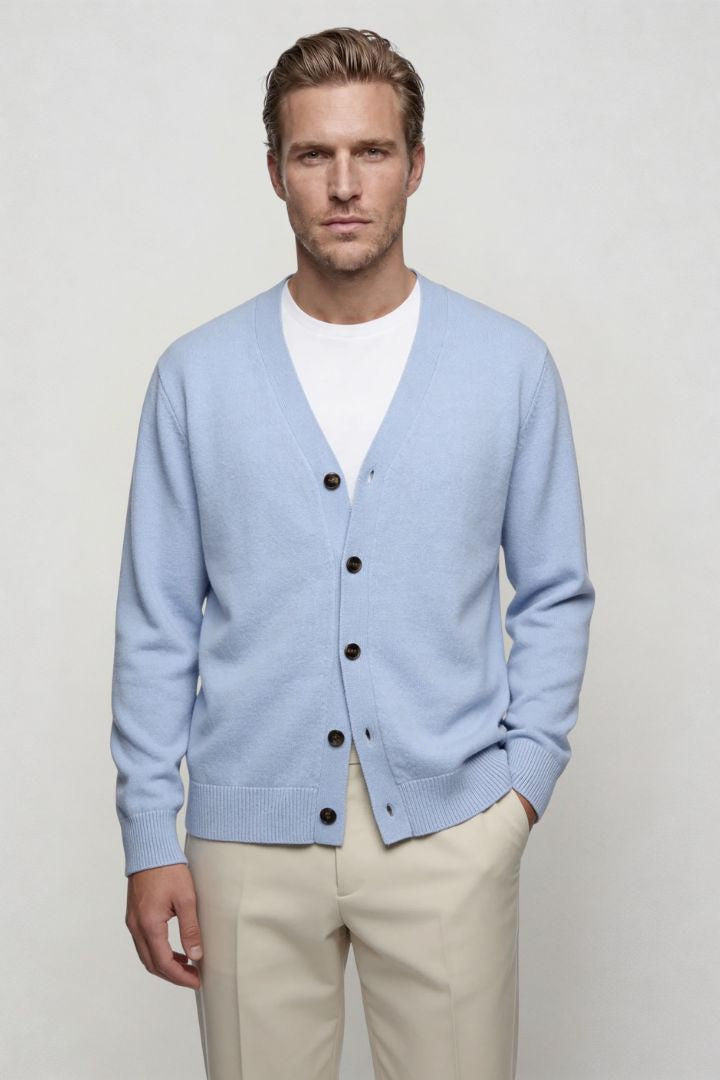men's light blue wool v neck cardigan sweater front view