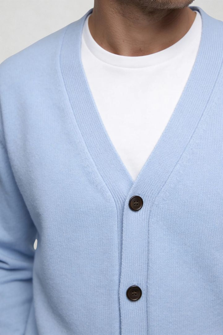 men's light blue wool v neck cardigan sweater cose-up view