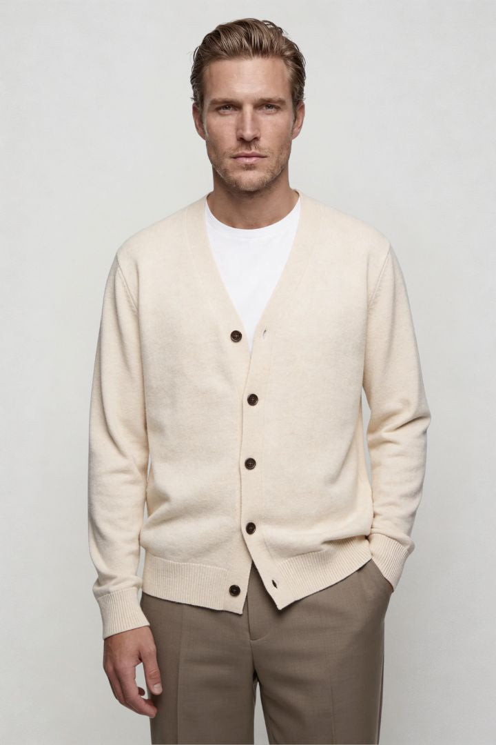 men's cream wool v neck cardigan sweater front view