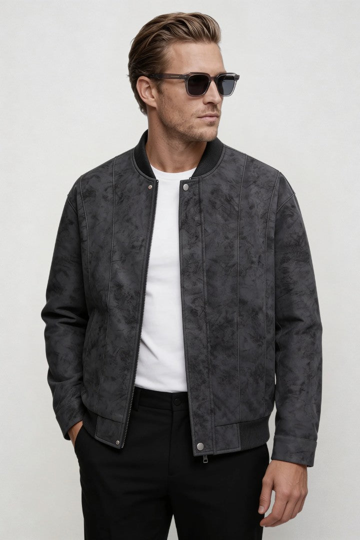 Men's gray faux suede bomber jacket lightweight modern trucker style jacket soft suede look