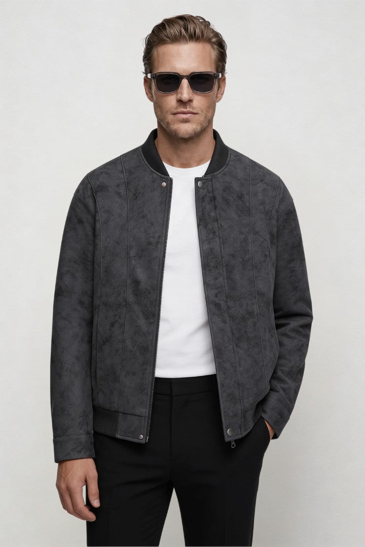 Men's gray faux suede bomber jacket lightweight modern trucker style jacket soft suede look front view