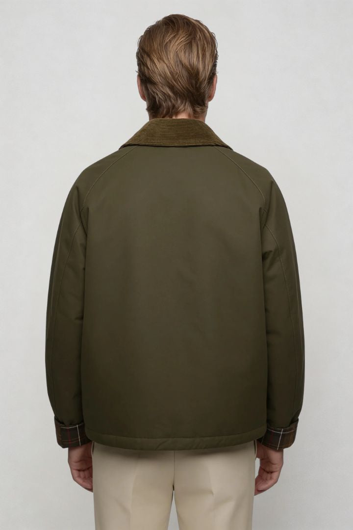 men olive green corduroy collar barn jacket back view