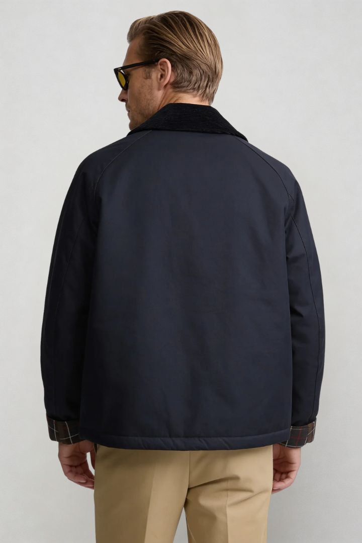 men navy corduroy collar barn jacket back view