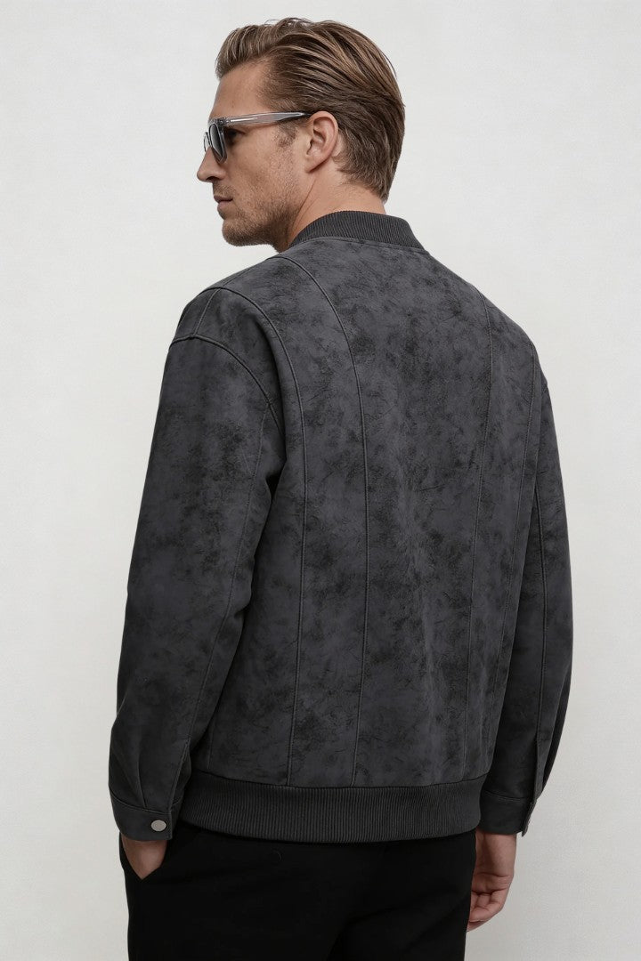 Men's gray faux suede bomber jacket lightweight modern trucker style jacket soft suede look back view