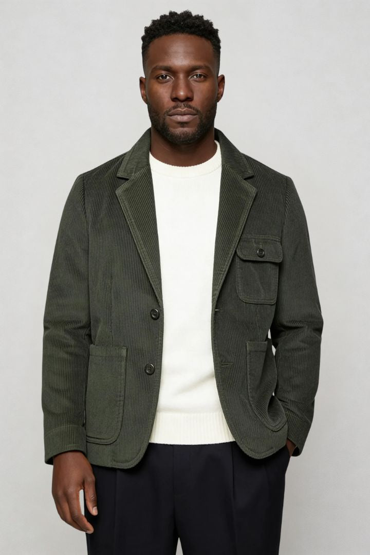 Men’s olive green corduroy blazer jacket with retro tailored fit