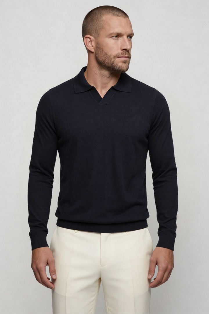 Men’s navy long sleeve knit polo shirt with tailored fit and structured collar