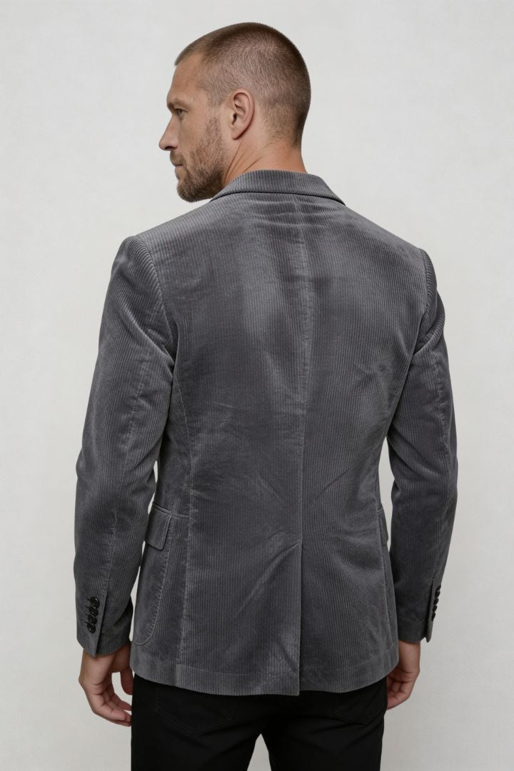 Lavencio Men’s slim fit gray corduroy blazer with notch lapel and two-button back pose