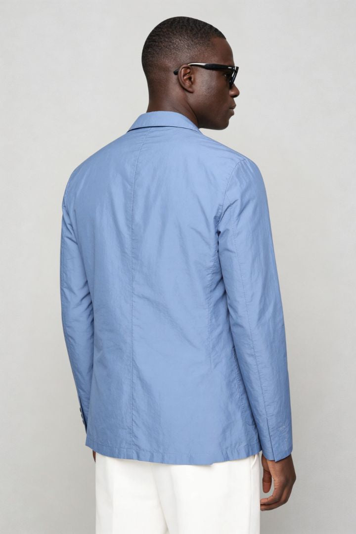 Mens lightweight light blue blazer jacket back view