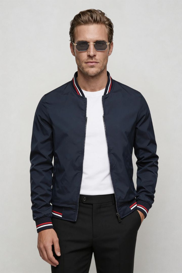 Kingsley Lightweight Zip Jacket – Navy Polyester Bomber – Contrast Rib Detail – Modern Fit – Front View