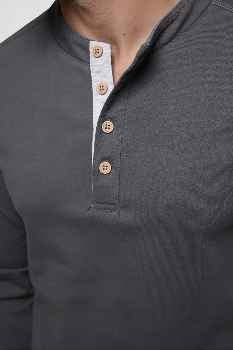 Men’s cotton henley long sleeve shirt slim fit breathable casual layering lightweight top in gray close-up