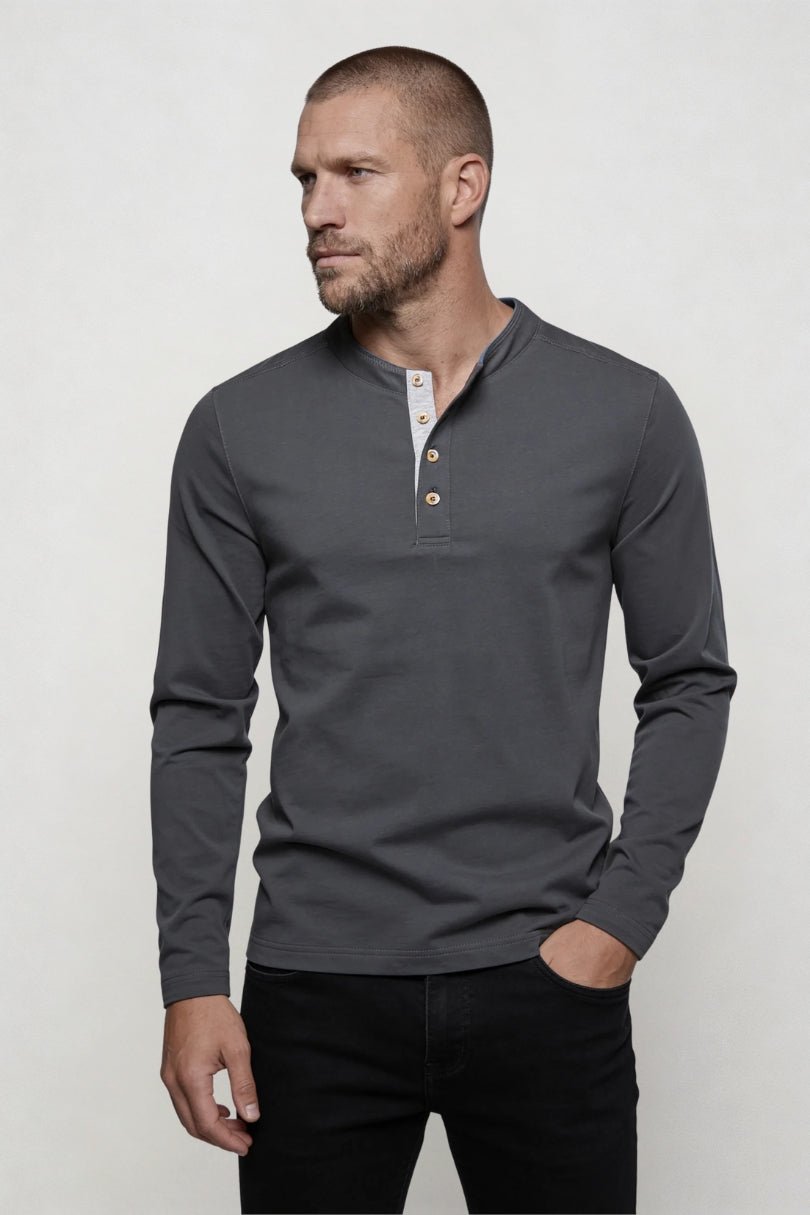 Men’s cotton henley long sleeve shirt slim fit breathable casual layering lightweight top in gray front view