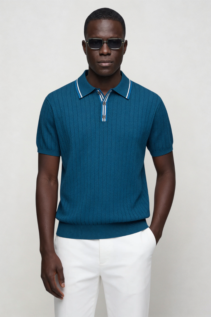 Men’s sapphire blue knit polo shirt breathable viscose lightweight summer polo textured short sleeve shirt from Lavnencio