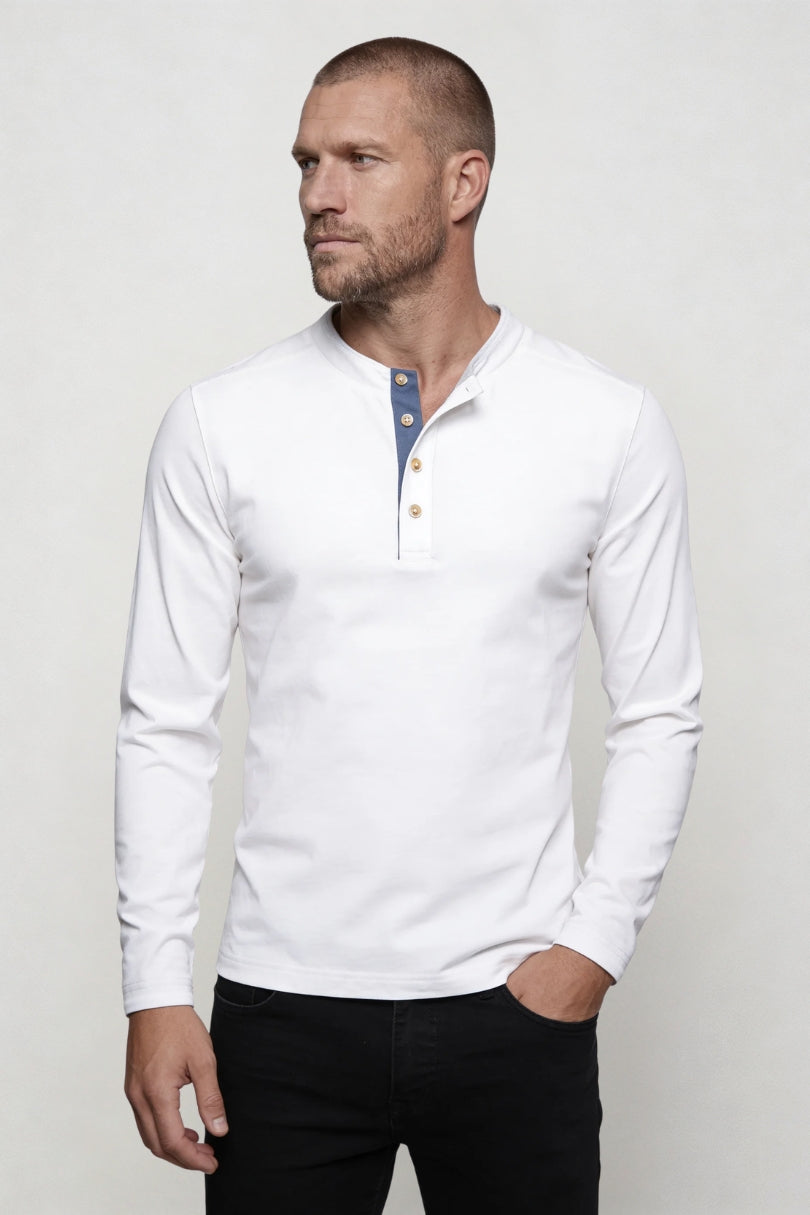 Men’s white cotton henley long sleeve shirt slim fit breathable casual layering lightweight top