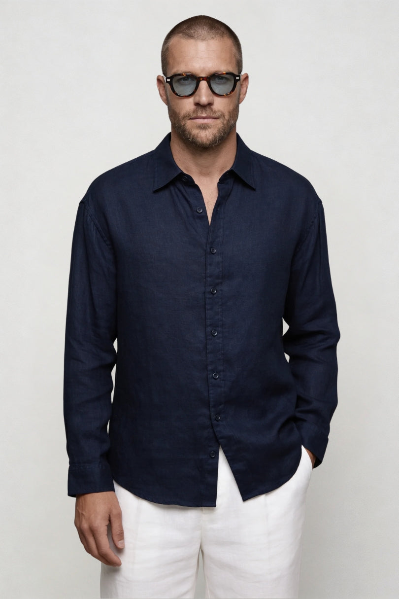 Men’s Navy breathable 100% linen shirt lightweight summer button up long sleeve shirt