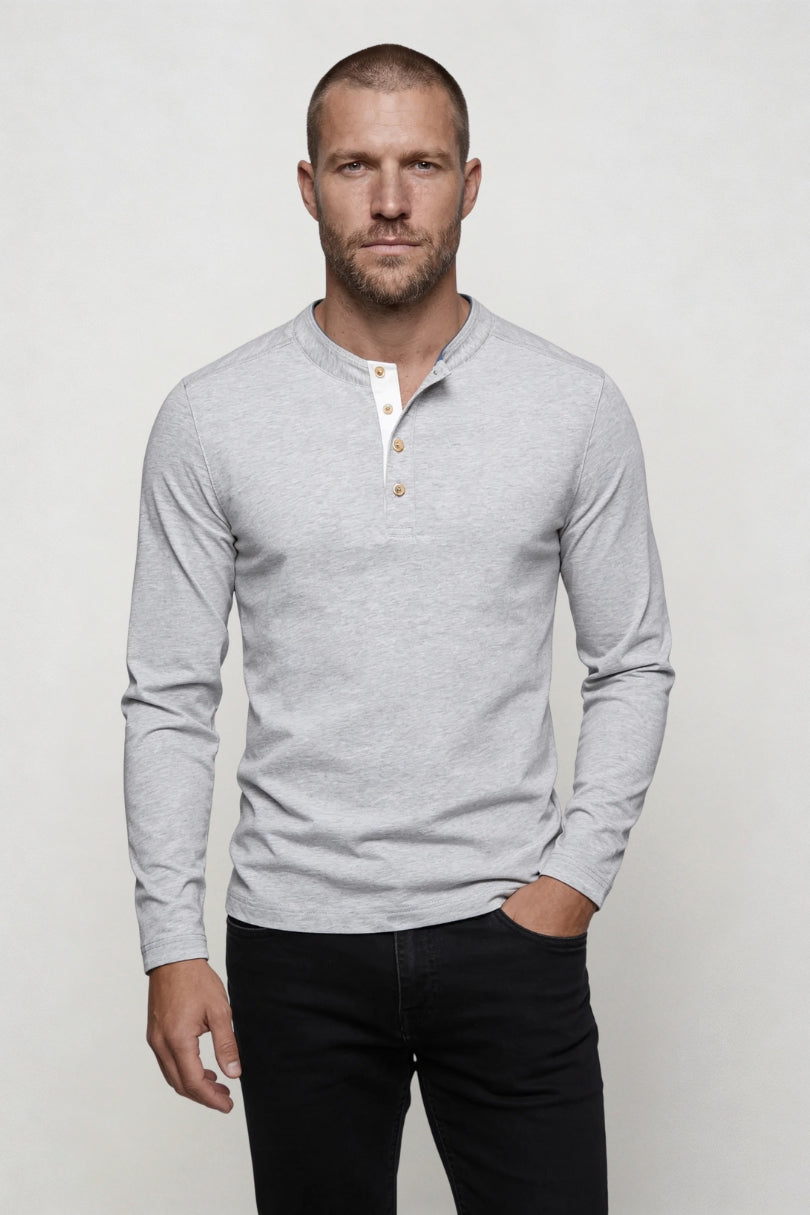 Men’s Soft Gray cotton henley long sleeve shirt slim fit breathable casual layering lightweight top