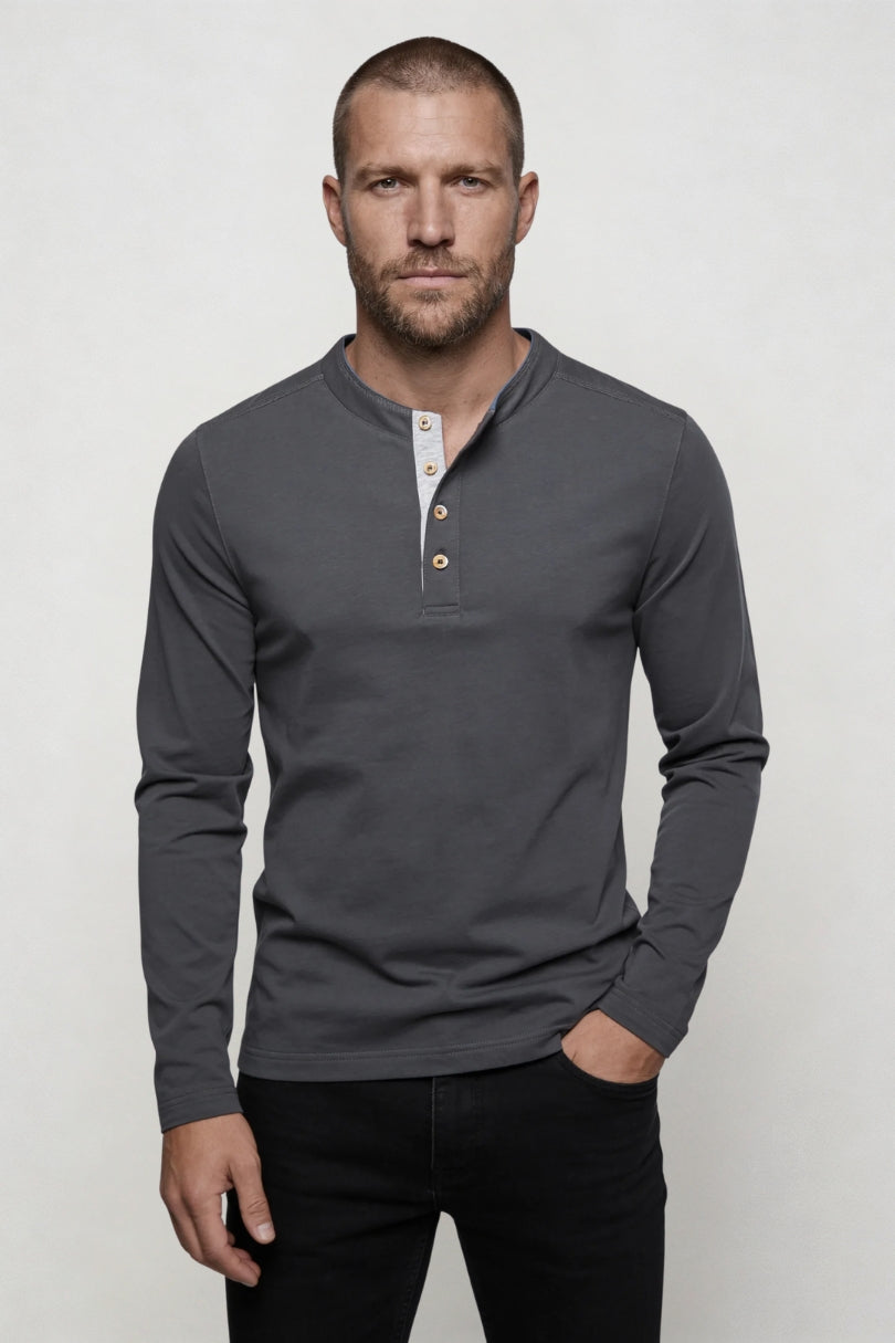 Men’s cotton henley long sleeve shirt slim fit breathable casual layering lightweight top in gray
