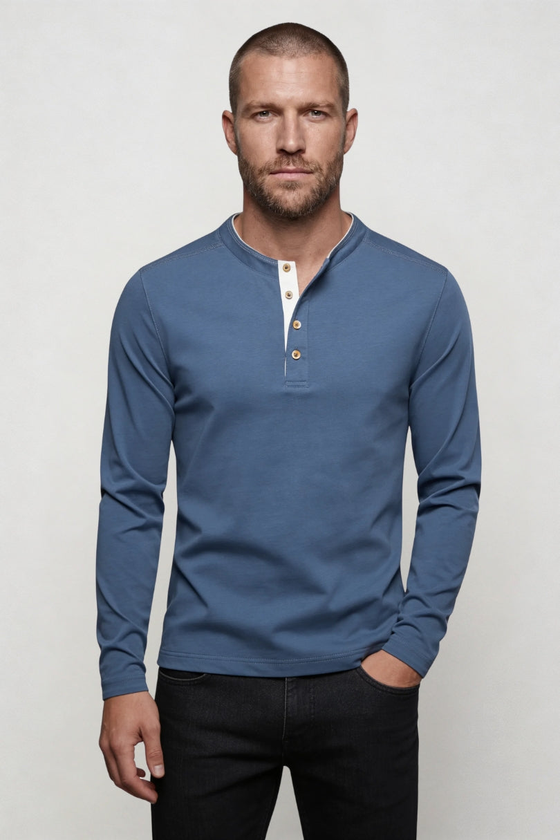 Men’s cotton henley long sleeve shirt slim fit breathable casual lightweight soft fabric in Blue