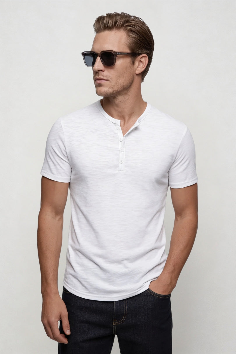 Men’s lightweight cotton blend henley shirt short sleeve breathable summer casual fitted tee white