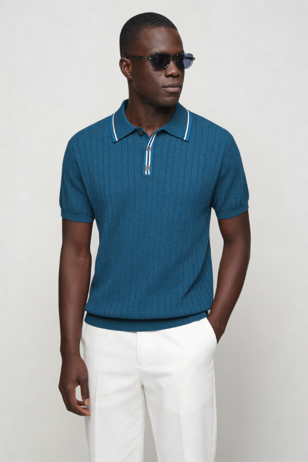Men’s sapphire blue knit polo shirt breathable viscose lightweight summer polo textured short sleeve shirt