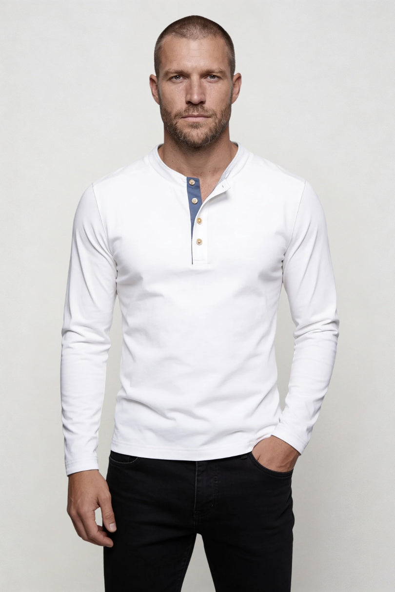 Men’s white cotton henley long sleeve shirt slim fit breathable casual layering lightweight top front view