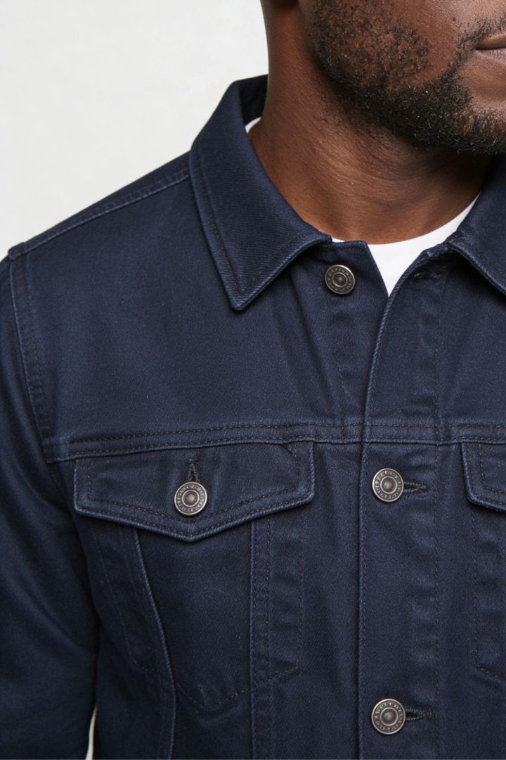 mens navy denim jacket slim fit cotton trucker style close-up