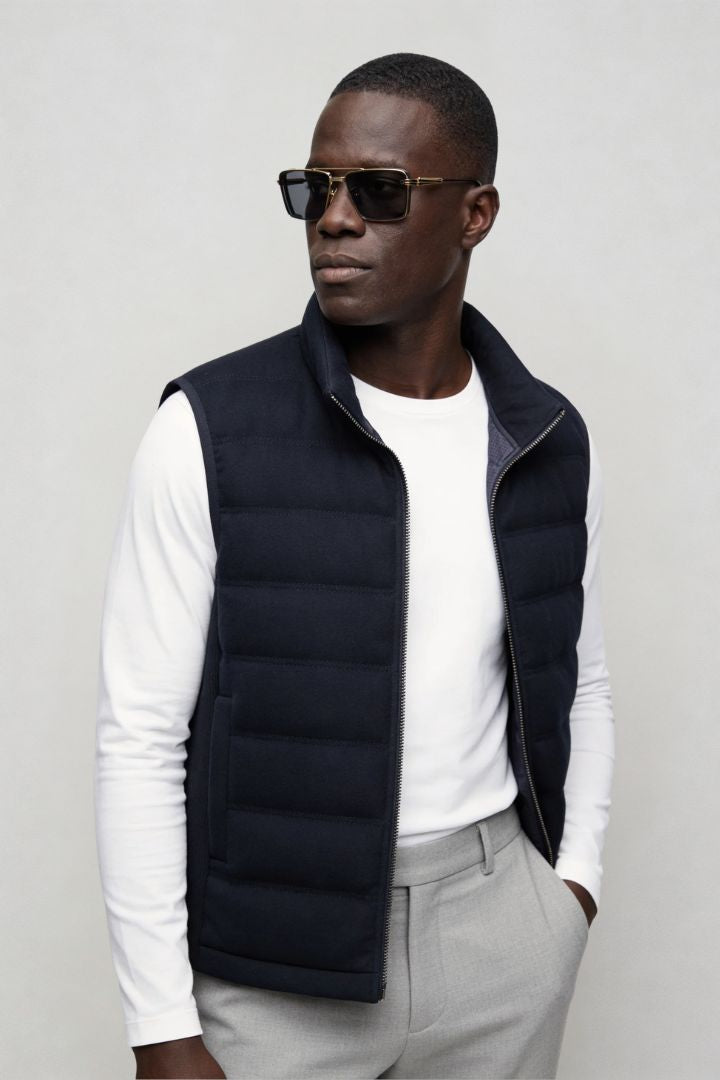 mens navy down puffer vest lightweight insulated gilet side pose