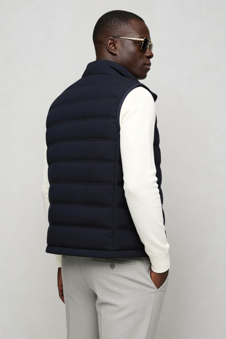 mens navy down puffer vest lightweight insulated gilet back